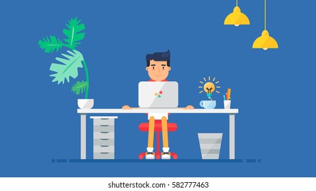 Workspace of Professional Working Developer, Programmer, System Administrator or Designer. Creative idea. Business project or startup concept. Employee office workplace. Vector