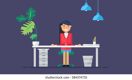 Workspace of Professional Working Developer, Programmer, System Administrator or Designer with desk, chair, notebook Business project or startup concept. Employee office workplace. Vector