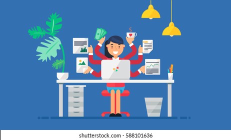 Workspace of Professional Working Developer, Programmer, System Administrator or Designer with desk, chair, notebook Business project or startup concept. Employee office workplace. Vector