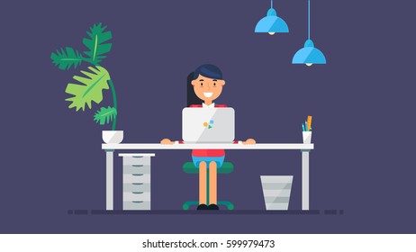 Workspace of Professional Working Developer, Programmer, System Administrator or Designer with desk, chair, notebook Business project or startup concept. Employee office workplace. Vector