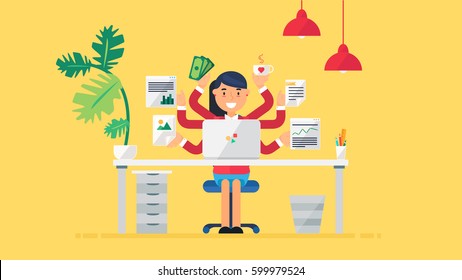Workspace of Professional Working Developer, Programmer, System Administrator or Designer with desk, chair, notebook Business project or startup concept. Employee office workplace. Vector