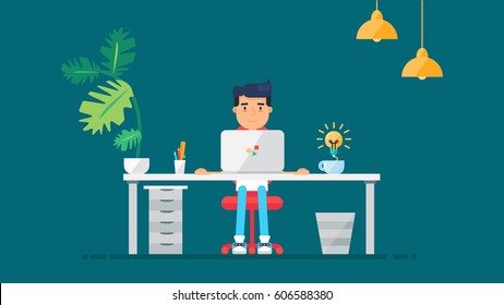 Workspace of Professional Working Developer, Programmer, System Administrator or Designer. Creative idea. Business project or startup concept. Employee office workplace. Vector