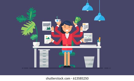 Workspace of Professional Working Developer, Programmer, System Administrator or Designer with desk, chair, notebook Business project or startup concept. Employee office workplace. Vector