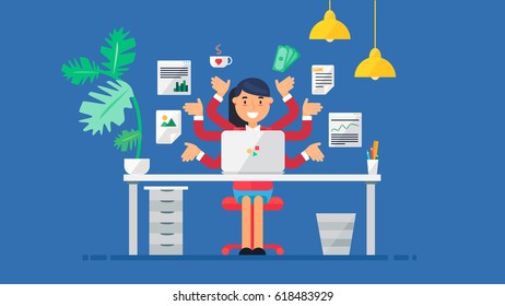 Workspace of Professional Working Developer, Programmer, System Administrator or Designer with desk, chair, notebook Business project or startup concept. Employee office workplace. Vector