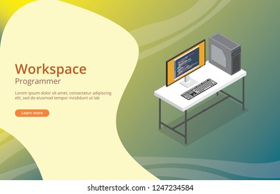 workspace programmer or developer with coding on screen vector illustration