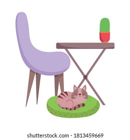 tabla de silla púrpura del área de trabajo con cactus y gato en cojín diseño aislado ilustración de fondo blanco