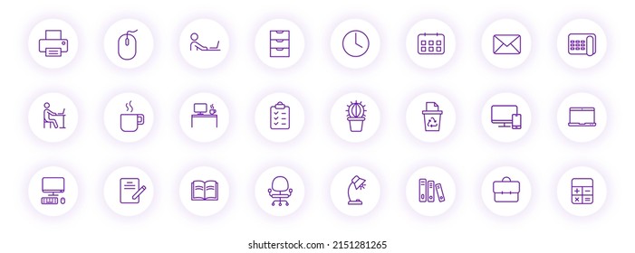 workspace purple color outline icons on light round buttons with purple shadow. workspace icon set for web, mobile apps, ui design and print