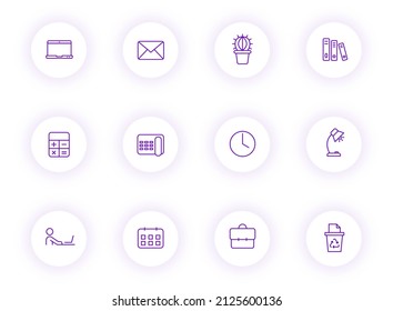 workspace purple color outline vector icons on light round buttons with purple shadow. workspace icon set for web, mobile apps, ui design and print