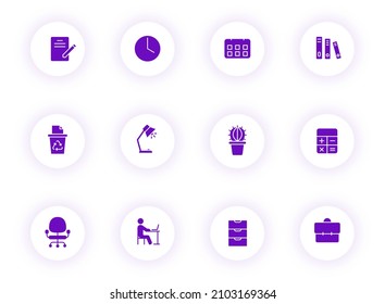 workspace purple color vector icons on light round buttons with purple shadow. workspace icon set for web, mobile apps, ui design and print