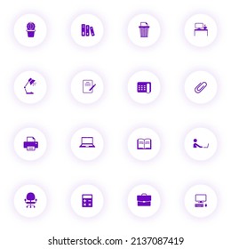 workspace purple color vector icons on light round buttons with purple shadow. workspace icon set for web, mobile apps, ui design and print