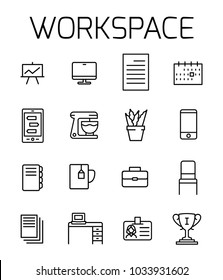 Workspace related vector icon set. Well-crafted sign in thin line style with editable stroke. Vector symbols isolated on a white background. Simple pictograms.