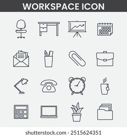 Workspace Related Vector Line Icons. Table, lamp light etc.