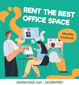 Workspace renting best office space with monthly contract and payment. Enjoy working atmosphere, work with colleagues and entrepreneurs. People completing tasks and projects. Vector in flat style
