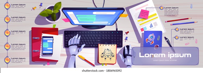 Workspace with robot hands working on computer keyboard top view. Infographics banner with ai chat bot cyborg at desk with computer screen, stationary and plant futuristic cartoon vector illustration