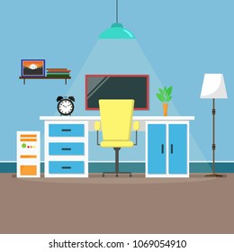 Workspace in room with flat work study and interior icons, Vector illustration EPS10.