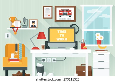 Workspace in room with flat work study and interior icons vector illustration