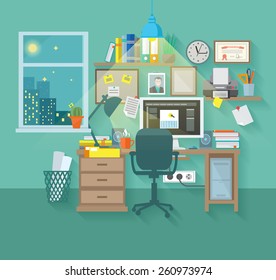 Workspace in room interior with desk chair home computer and stationery vector illustration