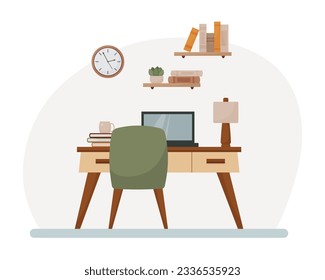 workspace room interior, flat style, cabinet, home office, modern interior, chair, desk, bookshelf, books, lamp, plant, laptop, mug, vector illustration