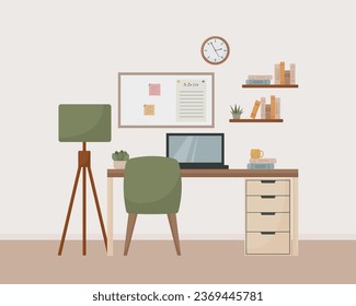 workspace room interior, flat style, cabinet, home office, modern interior, chair, desk, bookshelf, books, lamp, plant, laptop, mug, vector illustration