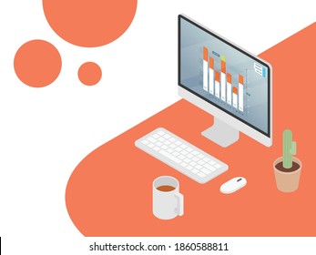 Workspace scene with computer and cactus in isometric 3D style