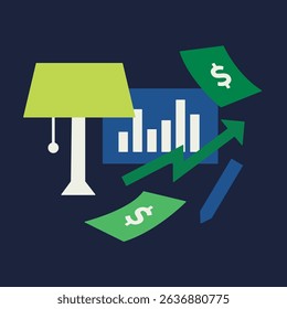 Workspace scene with lamp, dollar bills, arrow, and bar chart. Perfect for finance concepts like budgeting, investment growth, income tracking, and economic analysis.