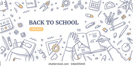 Workspace Of School Student. School And Office Supplies On Desktop. Top View. Learning And Education Concept Background. Flat Lay Doodle Illustration