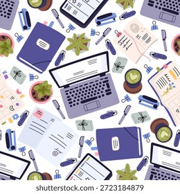 Patrón sin fisuras de Espacio de trabajo. Ordenador portátil y material de oficina. Documentos comerciales. Cuaderno del organizador del trabajo. Vista superior del lugar de trabajo. Papelería en el escritorio. Páginas del Bloc de notas. Planta de casa y taza de bebida. Vector de fondo