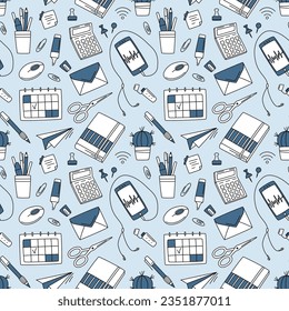 Workspace seamless pattern with smartphone, cactus, marker, books, pen, calculator, sticker, calendar in doodle style. Vector Monochrome line sketch pattern