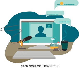 Workspace for self-study, podcasting, home work, freelance job. Vector landing page template. Online show, blogging, radio broadcasting, web banner, podcasting in internet website. 