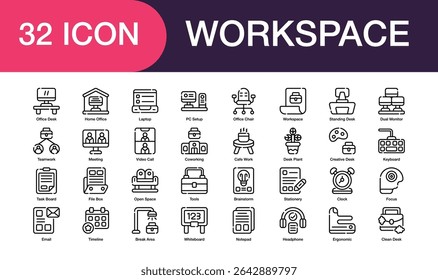 Workspace set of icon in line style. Containing Office Desk, Meeting, Teamwork, Brainstorm, Task Board, Creative Desk, Clean Desk, Break Area, Timeline, Open Space. High Quality