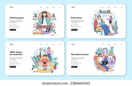 Workspace set. People find solace in diverse office nooks. Tea breaks, quiet reading, group fun, and cozy lounging. Work-life balance. Flat vector illustration