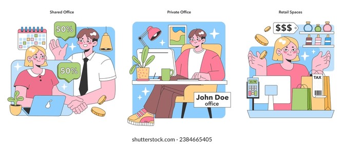 Workspace set. Professionals in diverse environments: shared office offers discounts, solo worker in private space, and retail shopping experience. Engaging in business activities. vector illustration
