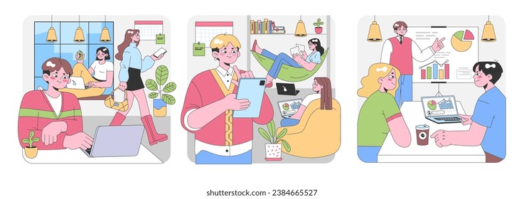 Workspace set. Relaxed professionals in a modern open office. Collaborating, discussing graphs, lounging, enjoying coffee breaks. Connectivity and teamwork. Flat vector illustration.