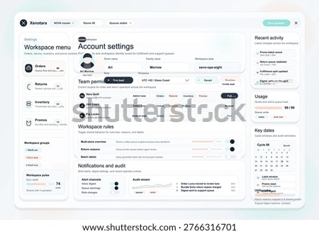 Workspace settings dashboard interface for orders, returns, inventory, and team permissions management