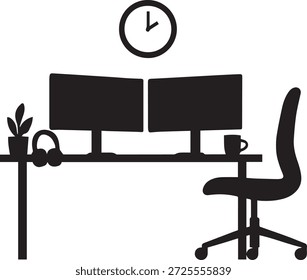 Workspace setup with dual monitors and office chair isolated on white background, Vector