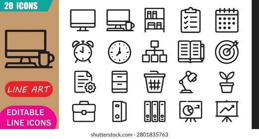 Workspace setup icons set, 20 editable line art icons set, workspace setup, organization productivity office, arrangement planning efficiency, management environment theme style, clean outline vector