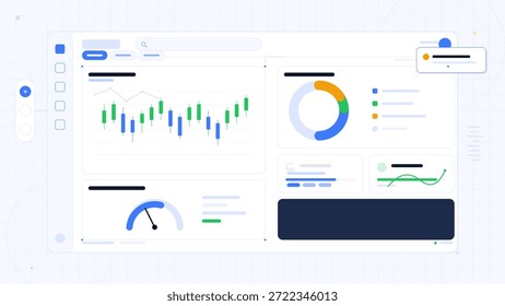 El área de trabajo muestra un panel con varios gráficos, métricas y gráficos. Los datos se muestran en diferentes secciones para su análisis. Las herramientas y opciones están disponibles en el lateral.