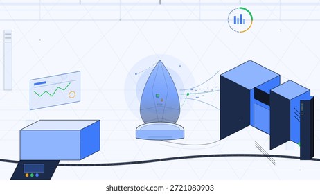 Ein Arbeitsplatz zeigt Geräte an, die miteinander verbunden sind. An der Wand befinden sich Diagramme mit Daten, die neben den Servereinheiten angezeigt werden. Das Setup wird organisiert und funktionsfähig angezeigt.