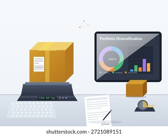 Un espacio de trabajo muestra una escala que pesa una caja marrón. En la pantalla de la computadora, las gráficas ilustran la diversificación de la Cartera. Papeles y un bolígrafo están cerca en el entorno.