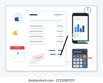 A workspace shows various items including a document, calculator, phone with graphs, calendar, and a cup of coffee. This scene reflects productivity and organization.