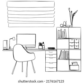 Workspace sketch. Chair, table, computer, office furniture sketch