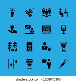 workspace, speaker, chair, forest fire, microphone, drum, manager, levels and analytics vector icon. Simple icons set