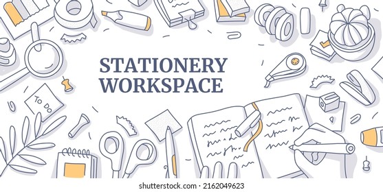 Workspace with stationery. Doodled background with different office supply and hands writing in notebook. Desktop top view illustration