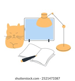 Espacio de trabajo, área de estudio con gato naranja durmiente, monitor de computadora que muestra una pantalla azul, libro abierto, pluma en sus páginas. El color minimalista de naranja, azul, negro, blanco, moderno y limpio 