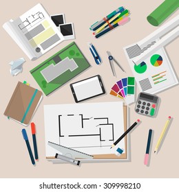 The workspace table architect and designer.Flat design.