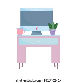 workspace table with computer coffee cup and plant isolated design white background vector illustration
