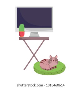 workspace table with computer screen cactus and cat in cushion isolated design white background vector illustration