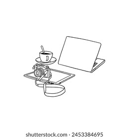 Workspace Table with Laptop computer camera and coffee Media Content creator lifestyle Hand drawn Line art Illustration