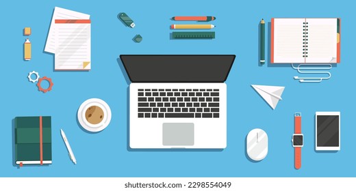 Workspace table with laptop, note, phone, hot drink in a flat design