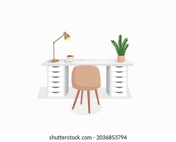  Workspace with table, plant, chair, lamp and cup on isolated white background for home office, cabinet, remote work, freelancing, teaching. Vector illustration in flat cartoon style.